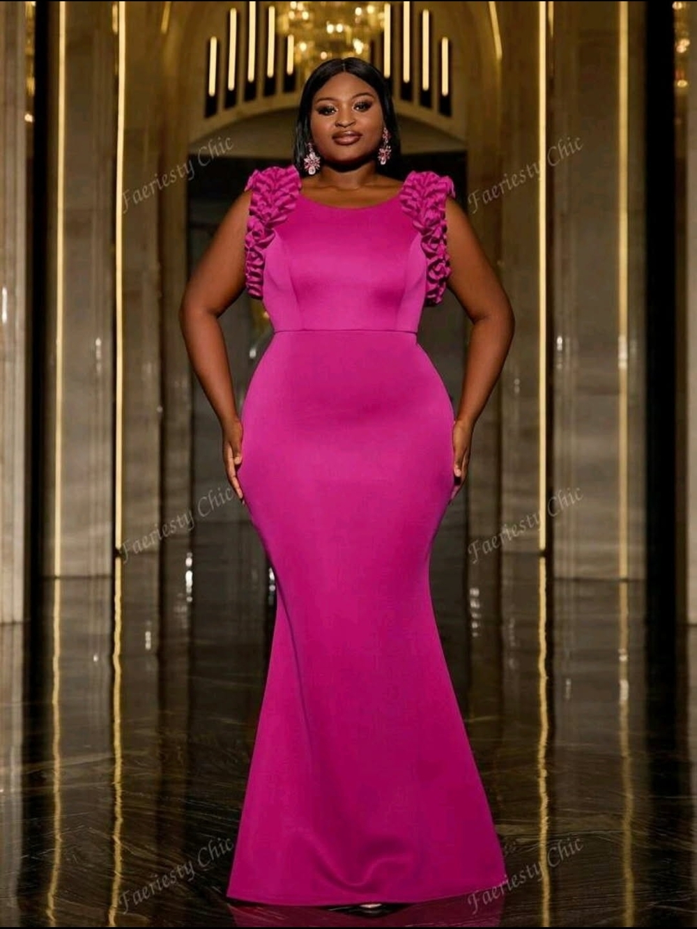 Fitted Ruffle-Sleeve Evening Gown in Fuchsia